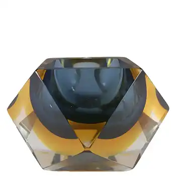 (image for) Murano Faceted Blue & Amber Sommerso Glass Block Bowl