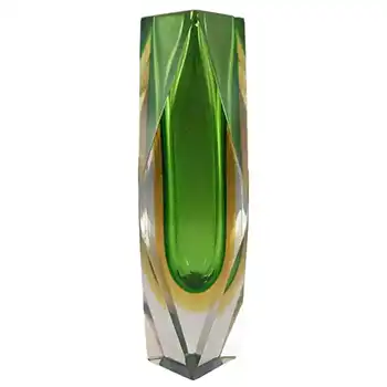 (image for) Murano Faceted Green/Amber Sommerso Glass Block Vase