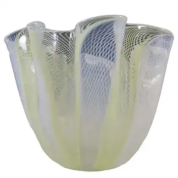 (image for) MARKED Venini Murano Yellow & White Glass Zanfirico Fazzoletto Vase