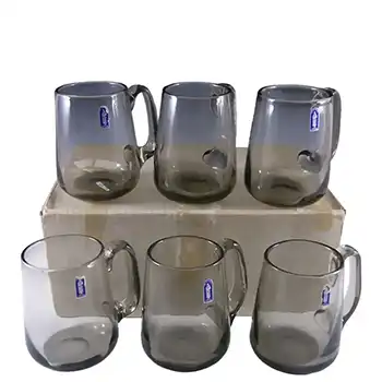 (image for) Whitefriars #9262 Set of 6 Smoky Glass Tankards - Boxed + Labelled
