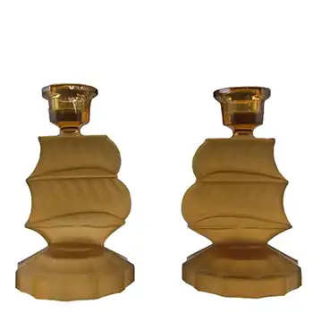 (image for) Art Deco Frosted Amber Glass Sailing Ships Candlesticks