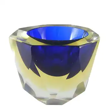 (image for) Murano Faceted Blue & Amber Sommerso Glass Block Bowl