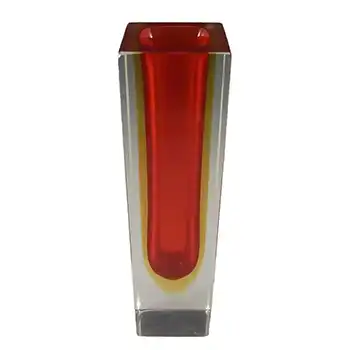 (image for) Murano 8" Faceted Red & Amber Sommerso Glass Block Vase