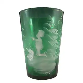 (image for) Mary Gregory Bohemian Hand Enamelled Green Glass Tumbler #1