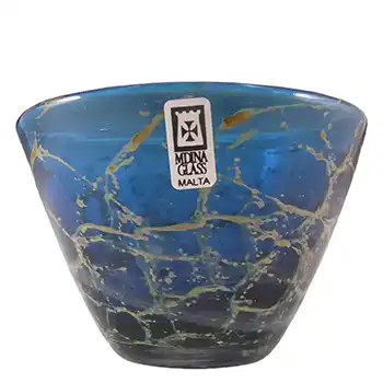 (image for) Mdina 'Blue Crizzle' Maltese Blue & Yellow Glass Vase/Bowl - Labelled