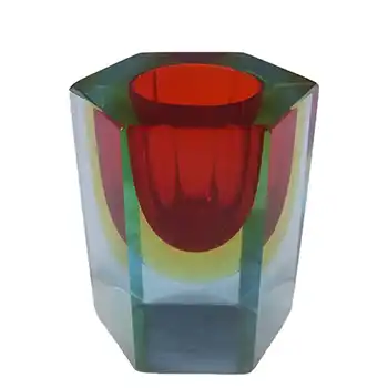 (image for) Murano Faceted Red & Amber Sommerso Glass Block Vase