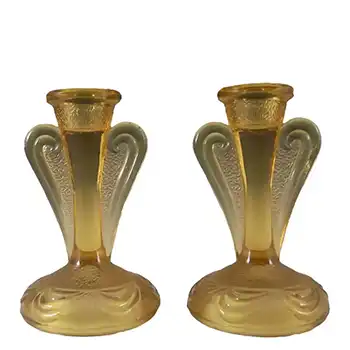 (image for) Bagley #3078 Art Deco Vintage Amber Glass 'Rutland' Candlesticks
