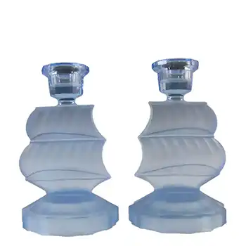 (image for) Art Deco 1930's Blue Frosted Glass Ship Candlesticks