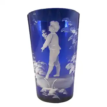 (image for) Mary Gregory Victorian Hand Enamelled Blue Glass Tumbler