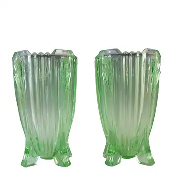 (image for) Bagley #3057 Pair of 5.75" Art Deco Uranium Green Glass Bedford Vases