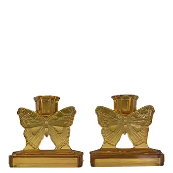 (image for) Bagley #3003 Art Deco Vintage Amber Glass 'Butterfly' Candlesticks