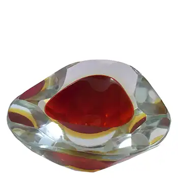 (image for) Murano Faceted Red & Amber Sommerso Glass Triangle Block Bowl
