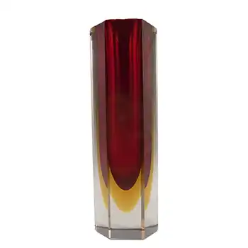 (image for) Murano Faceted Red & Amber Sommerso Glass Hexagonal Block Vase