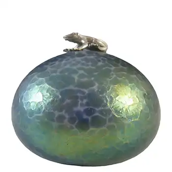 (image for) Heron Glass Blue Iridescent Pebble Paperweight & Frog Sculpture