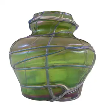 (image for) Kralik Art Nouveau Iridescent Green Threaded 1900's Glass Vase