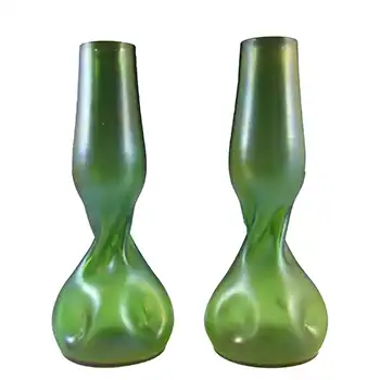 (image for) Welz Pair of Art Nouveau Iridescent Green Glass Antique Vases