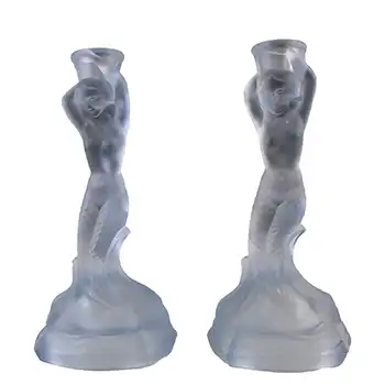 (image for) Walther & Söhne Art Deco Blue Glass 'Nymphen' Mermaid Candlesticks