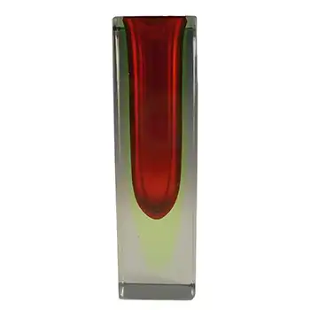 (image for) Murano Faceted Red & Uranium Green Sommerso Glass Block Vase