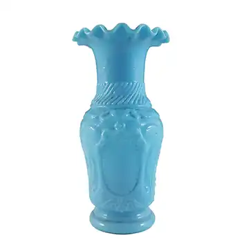 (image for) French Victorian Vintage Mould Blown Blue Milk Glass Vase