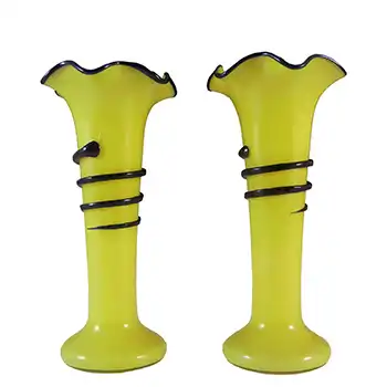 (image for) Czech / Bohemian Pair of Yellow & Black Tango Glass Vases
