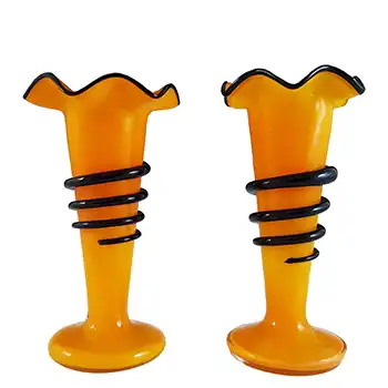 (image for) Czech / Bohemian Pair of Orange & Black Tango Glass Vases