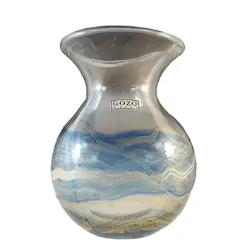 (image for) SIGNED + LABELLED Gozo Blue Glass & Gold Leaf Vintage Vase