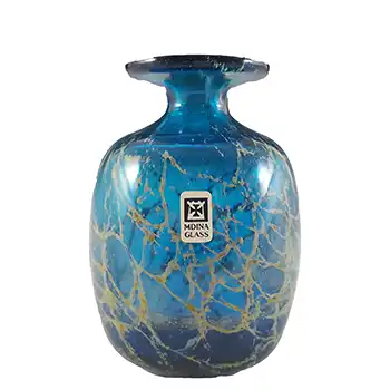 (image for) Mdina 'Blue Crizzle' Maltese Blue & Yellow Glass Vase - Signed & Labelled