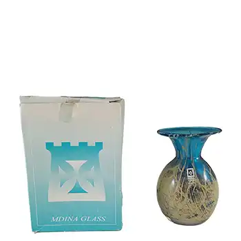 (image for) Mdina 'Blue Crizzle' Maltese Blue & Sandy Glass Vase - Boxed & Signed