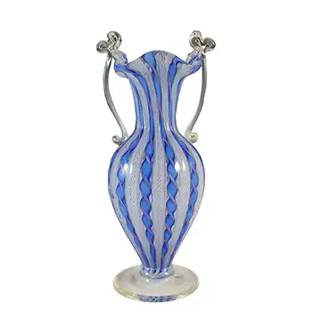 (image for) Murano Blue & White Glass Zanfirico Copper Aventurine Vase
