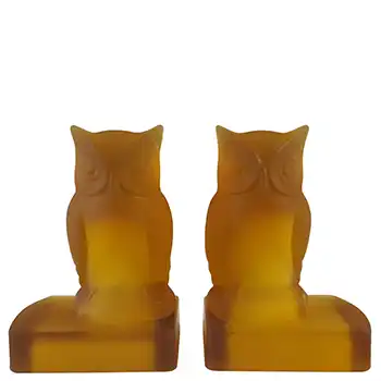 (image for) Bagley Art Deco Frosted Amber Glass Owl Bookends / Book Ends