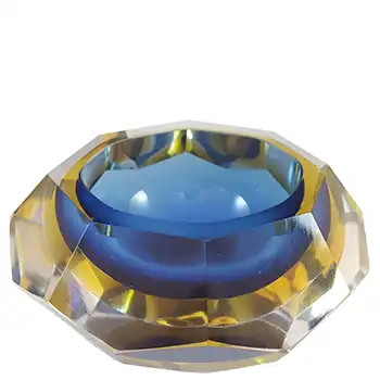 (image for) Murano Faceted Blue & Amber Sommerso Glass Block Bowl