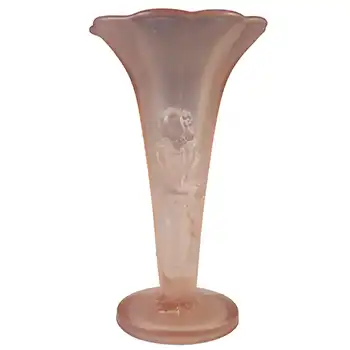 (image for) Art Deco Vintage Pink Frosted Glass Oriental Lady Vase