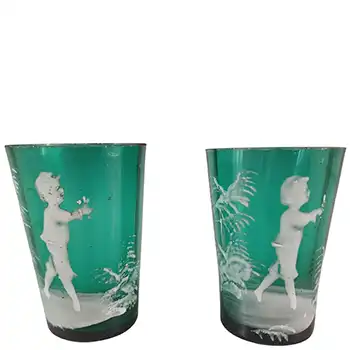 (image for) Mary Gregory Bohemian Hand Enamelled Green Glass Tumblers