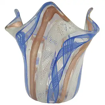 (image for) Murano Blue, White & Aventurine Glass Zanfirico Fazzoletto Vase