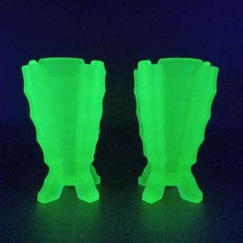 (image for) Bagley #3007 Art Deco Pair of Uranium Green Glass 'Bamboo' Vases