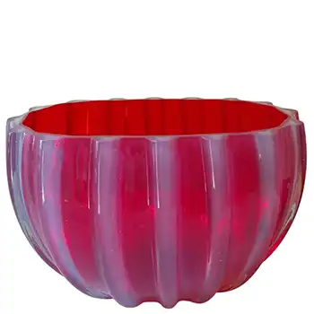 (image for) Ferro Italarts Murano Pink & Opalescent White Glass Ribbed Bowl - Labelled