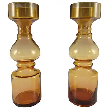 (image for) Japanese Pair of Amber Retro Hooped Glass Vases / Candle Holders