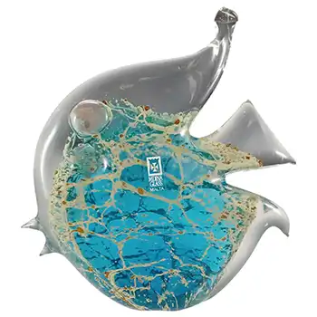 (image for) Mdina 'Blue Crizzle' Maltese Blue & Yellow Glass Fish - Signed