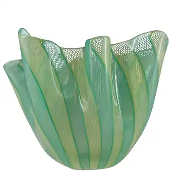 (image for) MARKED Venini Murano Green & Yellow Glass Zanfirico Fazzoletto Vase