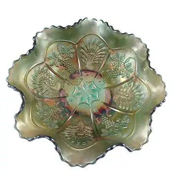 (image for) Fenton 'Peacock & Grape' Green Iridescent Carnival Glass Bowl