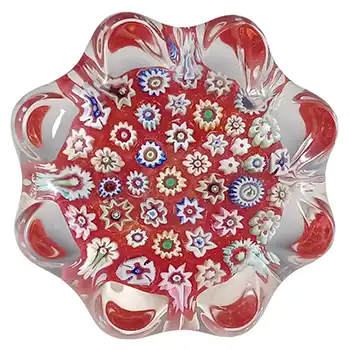 (image for) LABELLED John Deacons Red Glass Millefiori Pie Crust Paperweight