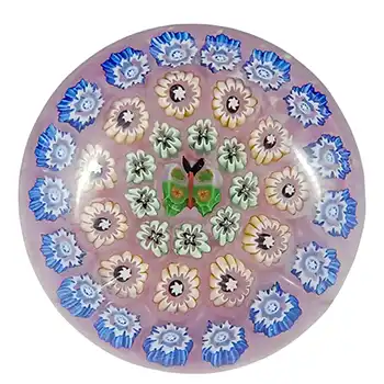 (image for) LABELLED John Deacons Pink Glass Millefiori Butterfly Paperweight