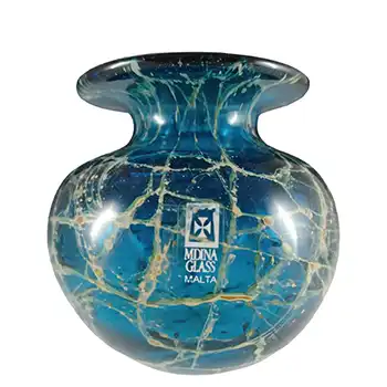 (image for) Mdina 'Blue Crizzle' Maltese Blue & Yellow Glass Vase - Signed