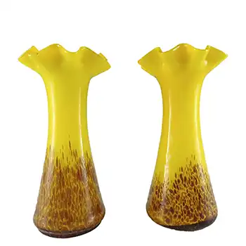 (image for) Pair of Czech Yellow & Brown Spatter Glass Vases / Vase