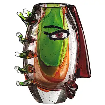 Gilde Handwerk Chinese Green, Amber & Red Bubble Glass Picasso Style Face Vase (image for) Gilde Handwerk Chinese Green, Amber & Red Bubble Glass Picasso Style Face Vase