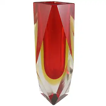 (image for) Murano Faceted Red & Amber Vintage Sommerso Glass Block Vase