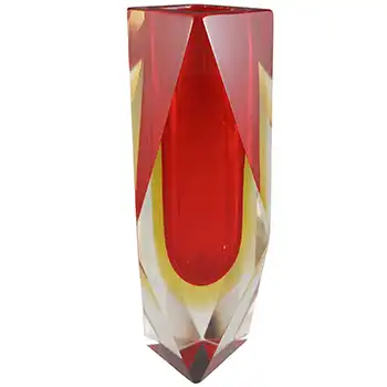 (image for) Murano / Venetian Faceted Red & Amber Sommerso Glass Block Vase