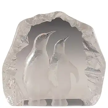 (image for) SIGNED LARGE Mats Jonasson / Royal Krona #33154 Glass Penguins Sculpture