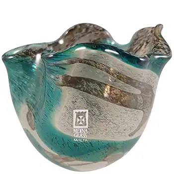 (image for) SIGNED Mdina 'Tiger' Maltese Blue & Brown Glass Handkerchief Vase