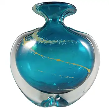 (image for) SIGNED Mdina 'Blue Summer' Maltese Glass 'Side Stripe' Vase